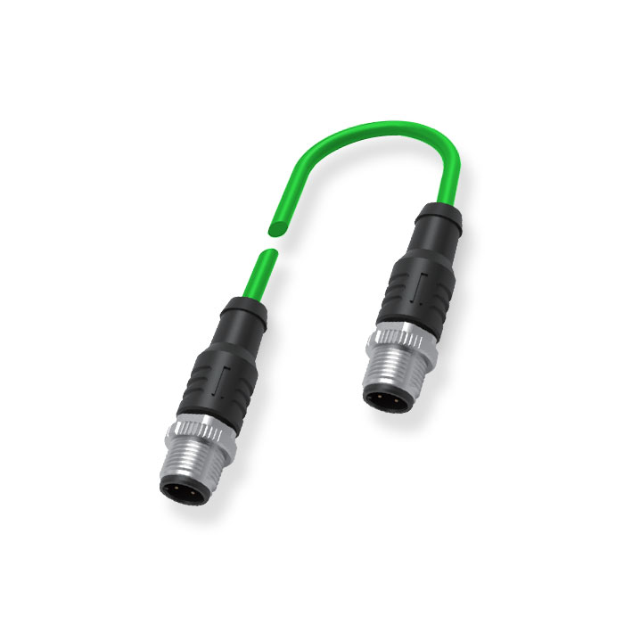 M12 4Pin 公头直型转公头直型、D-coded、双端预铸PUR柔性电缆、带屏蔽、绿色护套、0C3121-XXX