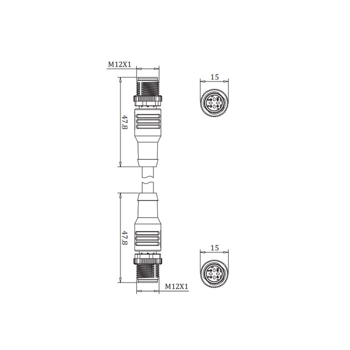 M12 4Pin 公头直型转公头直型、D-coded、双端预铸PUR柔性电缆、带屏蔽、绿色护套、0C3121-XXX