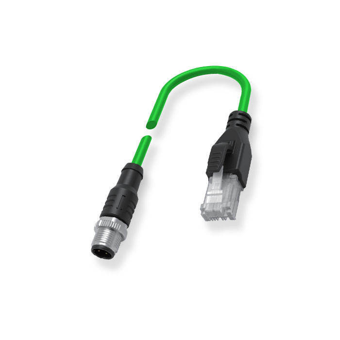 M8 4Pin male/RJ45 male、Double end molding PVC shield non flexible cable、EtherCat network cable、Green sheath、0C3023-XXX