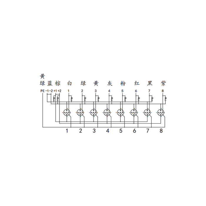 M12分线盒、单通道、PNP、8端口分体式、带LED、PCB端子、24P80E