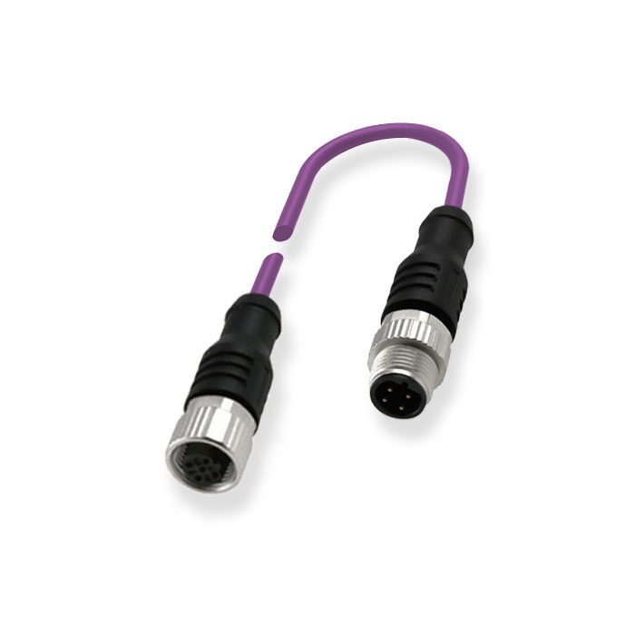 M12 5Pin 公头直型转母头直型、B-coded、双端预铸PVC非柔性电缆、紫色护套、0C4043-XXX