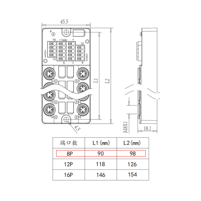 M8分线盒、单通道、NPN、8端口分体式、带LED 、带顶盖和电缆 、23NT08