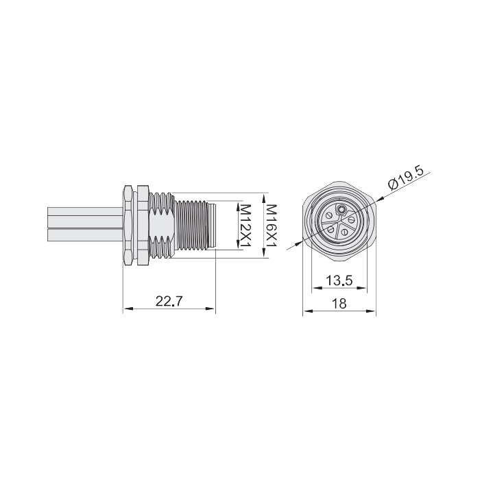 M12 5Pin L-coded、Male、Flanged connector、Board rear mount、Welding installation、64LB21H