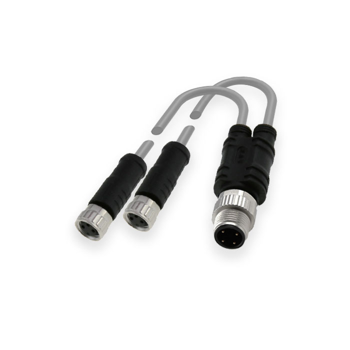 M12 4Pin公头 转 2xM8 3Pin母头、Y型预铸PVC非柔性电缆、灰色护套、64D423-XXX