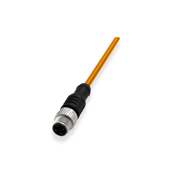 M12 4Pin、Male straight、Single ended precast cable、Welding slag resistant PUR material、Orange sheath、64T053-XXX