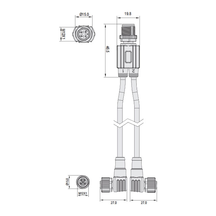 M12 4Pin male/2xM12 3Pin female 90°、Y type plug、Molding anti welding slag PUR flexible cable、Yellow sheath、64T201-XXX