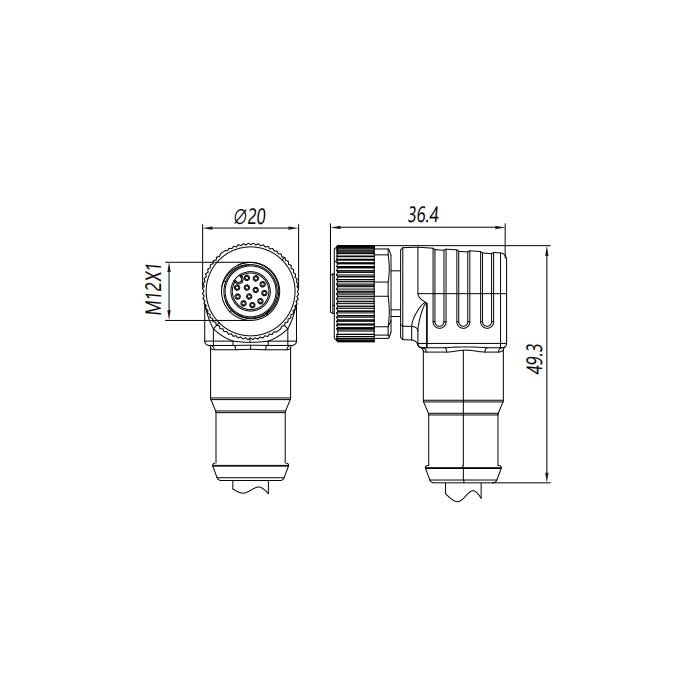 M12 12Pin、Female 90°、Single end pre cast PUR flexible cable、Black sheathed、64S491-XXX