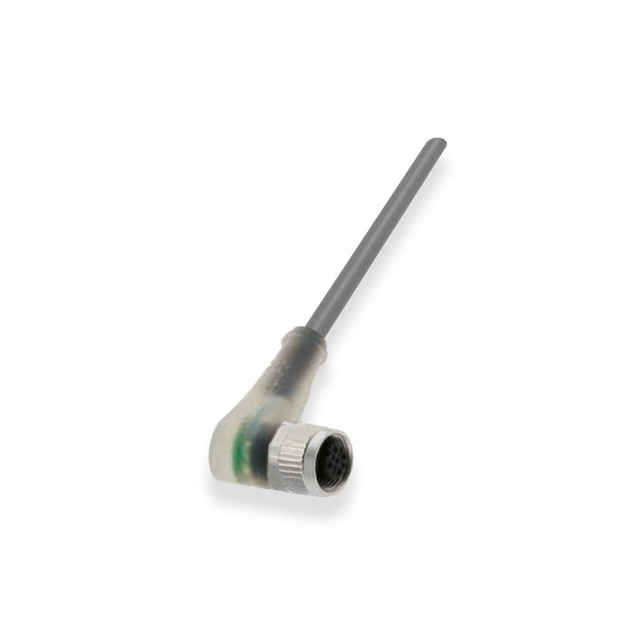 M12 5Pin、引脚5黄绿、母头90°、带LED灯、单端预铸PUR柔性电缆、灰色护套、64S309-XXX