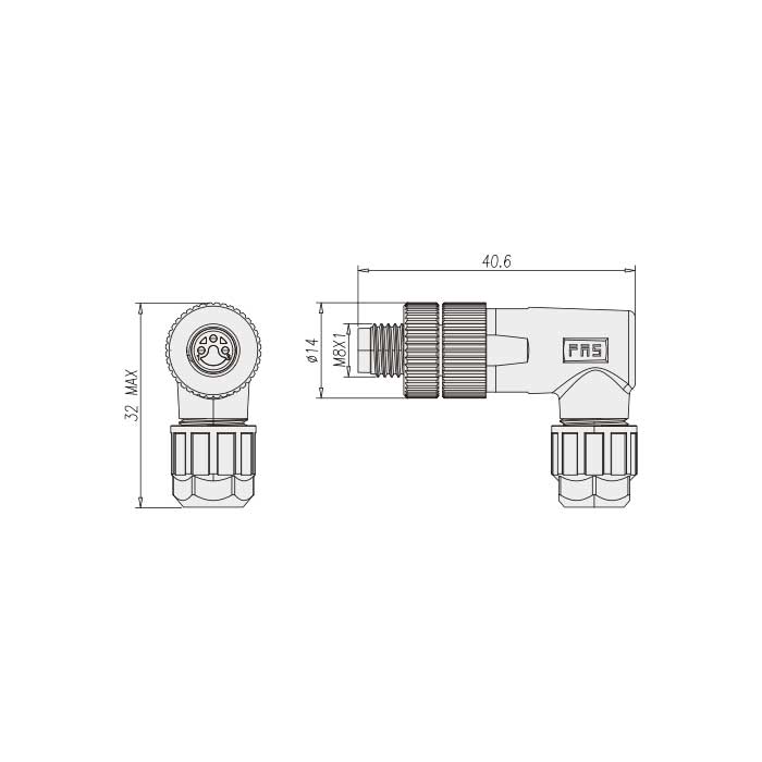 M8 3Pin、Male 90°、Push-in terminal、63F343