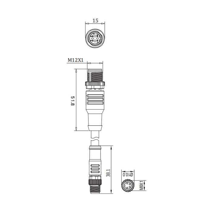 M8 4Pin male/M12 4Pin male (D-coded)、Double end molding PVC shield non flexible cable、EtherCat network cable、Green sheath、0C3081-XXX