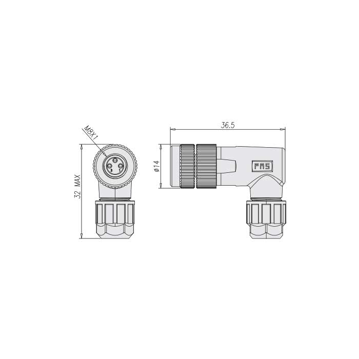 M8 3Pin、Female 90°、Push-in terminal、63F303