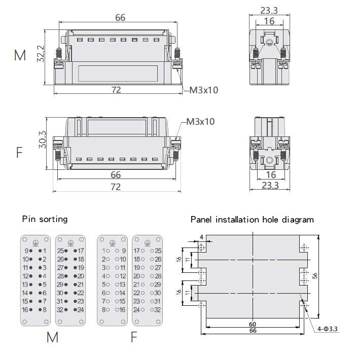Male core parts、Shrapnel crimping/quick crimping、Suitable for H32A shell、HAS-016-M、HAS-016-M (1-16) / HAS-016-MD (17-32)、09200162633/09200162634