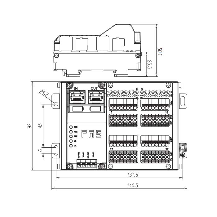 EtherCAT protocol、32DI、PNP、Terminal type、RJ45 network port、 IP20 remote module、009E34