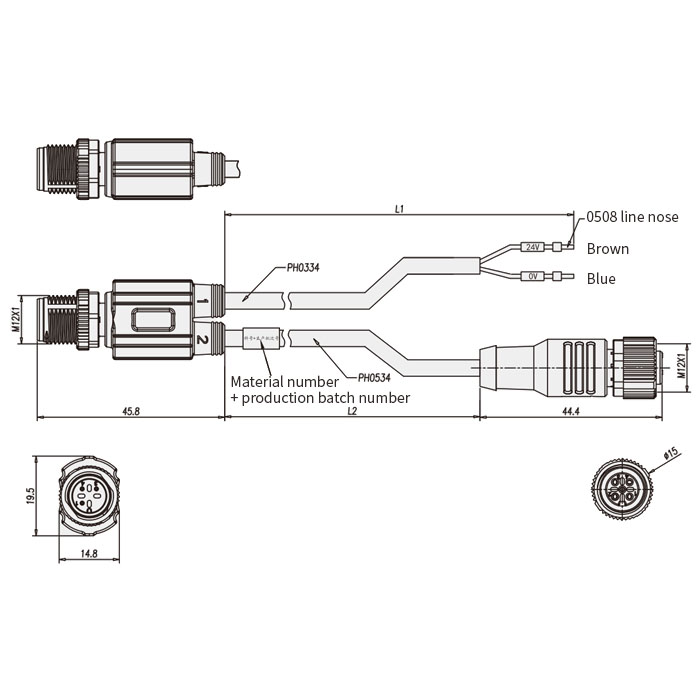M12 3Pin male/M12 3Pin female and free end、Y-type molding PUR drag chain cable、Black sheath、64D351XD-L1/L2