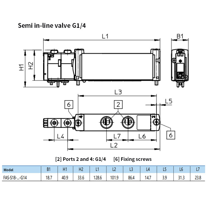 Semi in-line valve G1/4、5/3-way valve、External pilot、Mid-closed、FAS-S18-P53C-Z-G14、818S610140